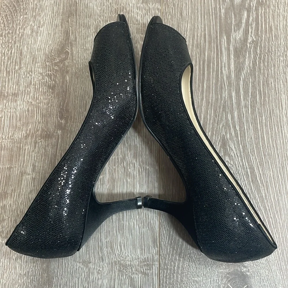 Caparros Black Sparkle Peep Toe Open Toe Pump Heels 8B